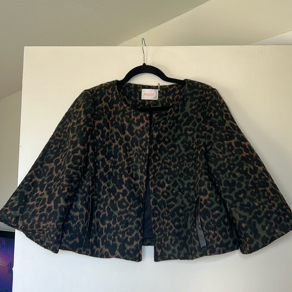 Fuzzy Animal Print Cropped Blazer with Leather Trim